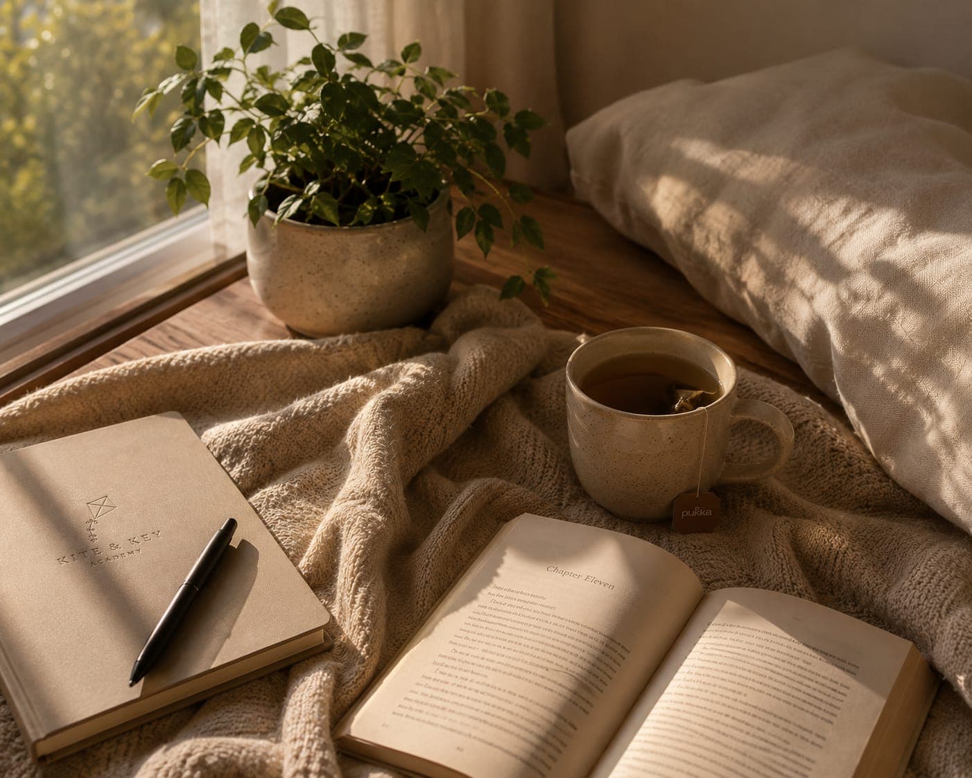 Two mugs of tea beside an open notebook — a first conversation, nobody selling anything.
