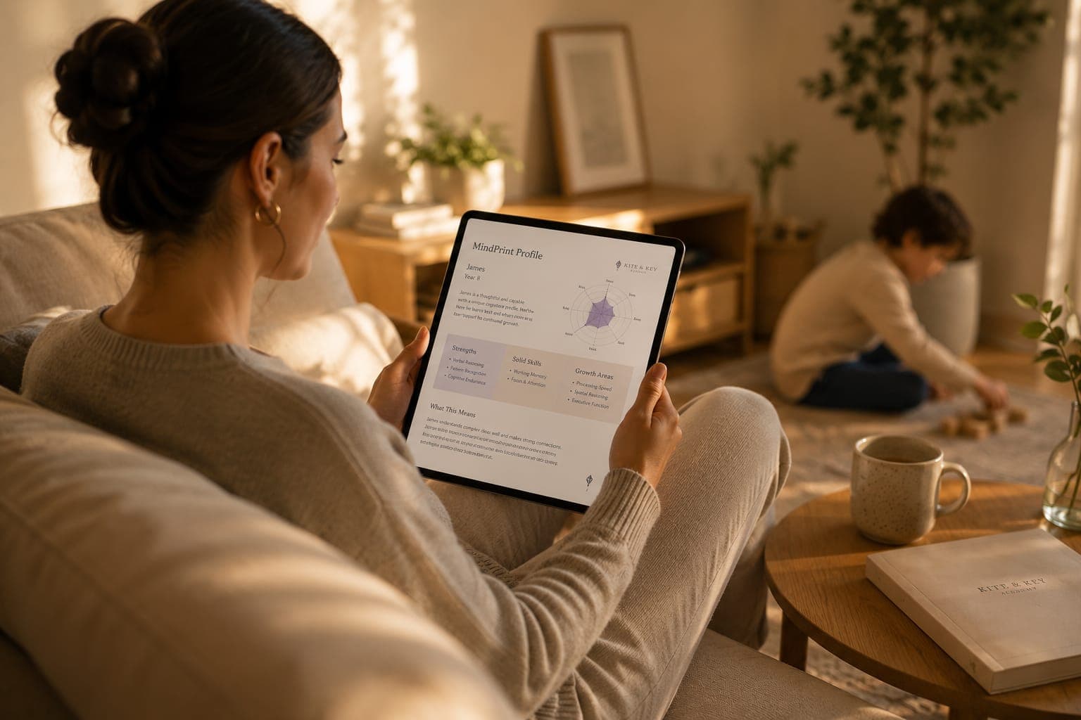 A laptop on an oak desk showing the learning dashboard, eucalyptus sprig in a jar, linen curtain light — the product at home in a warm room.