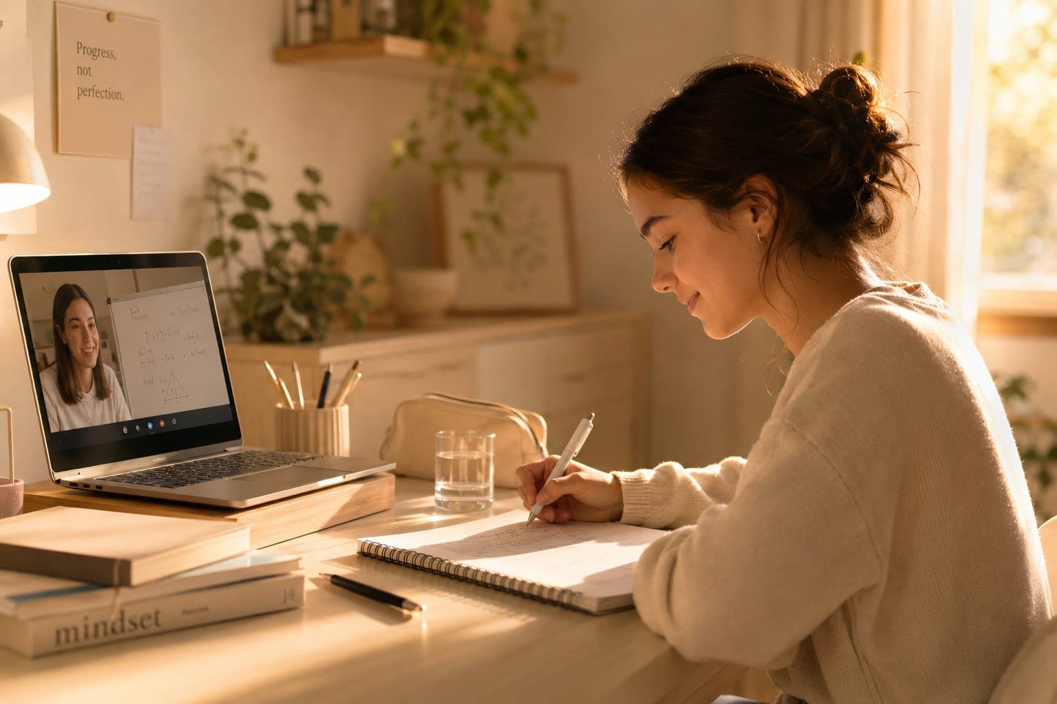 A student mid-explanation at a notebook, animated hands, confident posture.