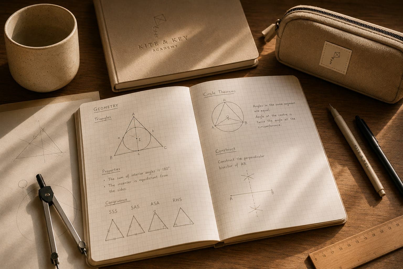 An open exercise book: early messy pages visible under a neat recent page — growth in one frame.